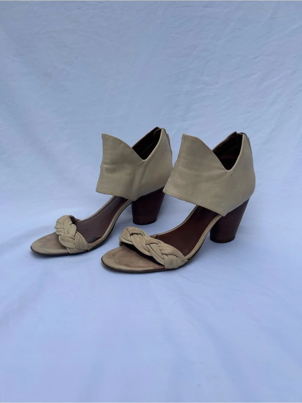 Elizabeth and James Cream Braided Open-Toe Block Heel Sandals
